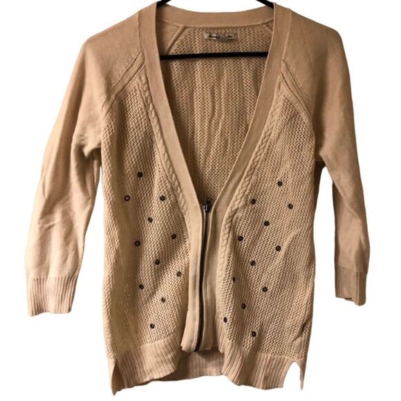 American Eagle Women’s Cream Half Zip V-Neck Grommet Cardigan - Picture 1 of 5